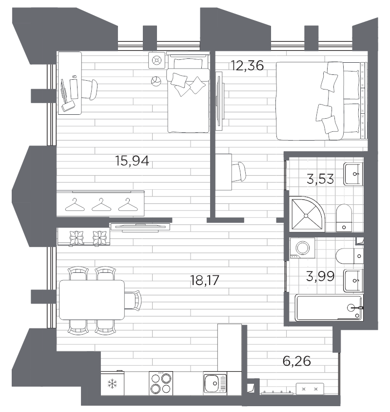 3-комнатная (Евро) квартира, 60.25 м² в ЖК "Галерная гавань" - планировка, фото №1
