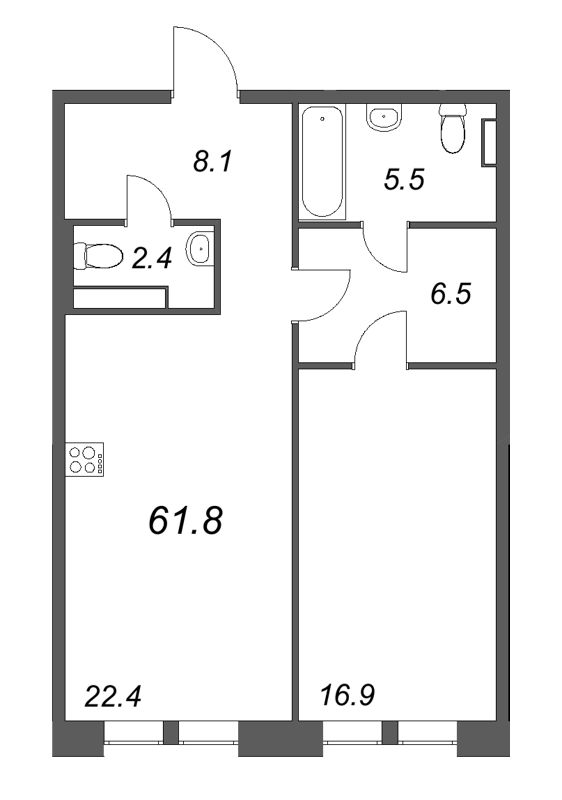 2-комнатная (Евро) квартира, 61.8 м² в ЖК "Коллекционер" - планировка, фото №1