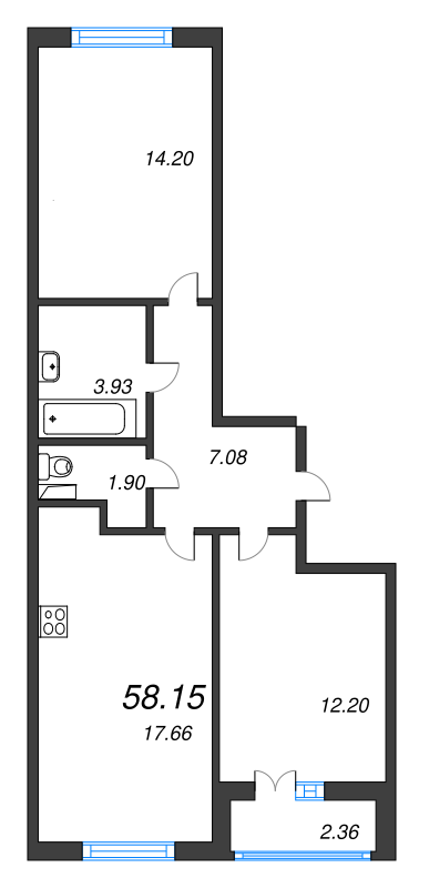 3-комнатная (Евро) квартира, 58.15 м² - планировка, фото №1