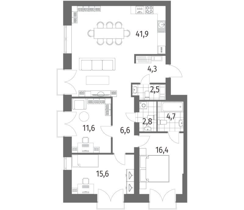 4-комнатная (Евро) квартира, 106.4 м² в ЖК "Наука" - планировка, фото №1