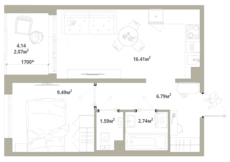 2-комнатная (Евро) квартира, 39.09 м² в ЖК "Тишин" - планировка, фото №1