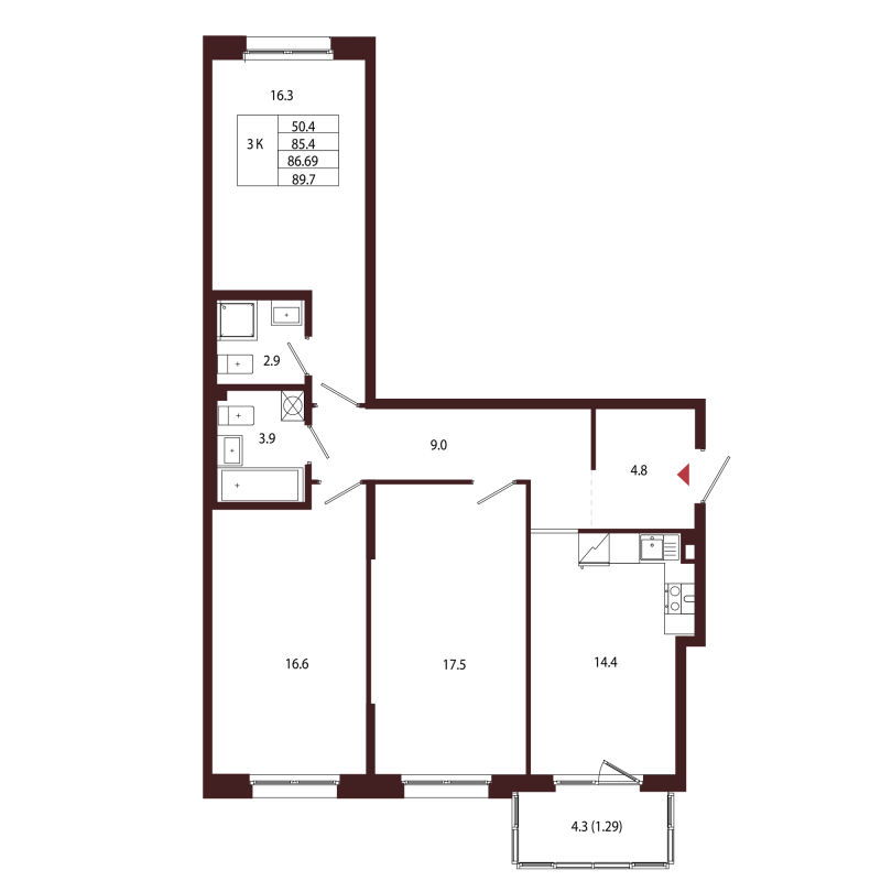 3-комнатная квартира, 86.69 м² в ЖК "Лисино" - планировка, фото №1