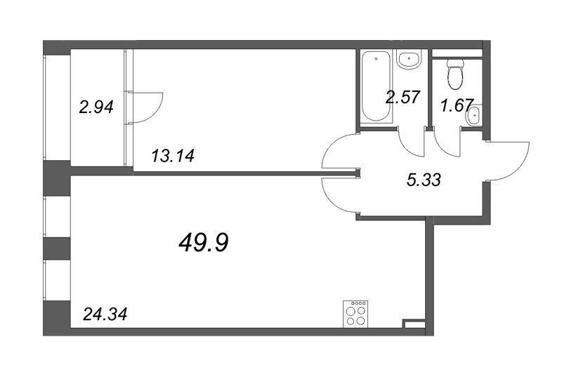 2-комнатная (Евро) квартира, 49.9 м² - планировка, фото №1