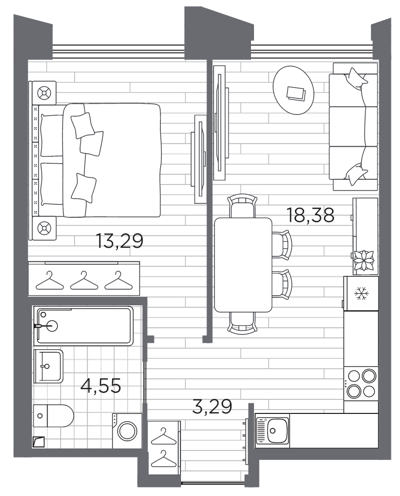2-комнатная (Евро) квартира, 39.51 м² в ЖК "Галерная гавань" - планировка, фото №1
