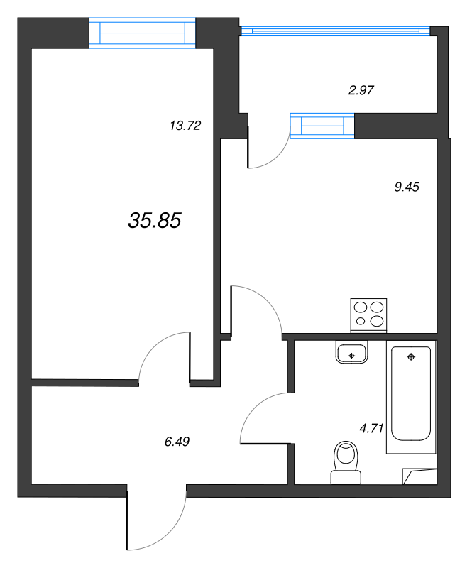1-комнатная квартира, 35.85 м² - планировка, фото №1