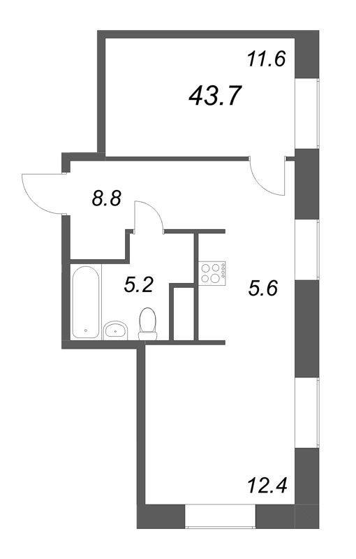 1-комнатная квартира, 43.7 м² в ЖК "Моисеенко 10" - планировка, фото №1