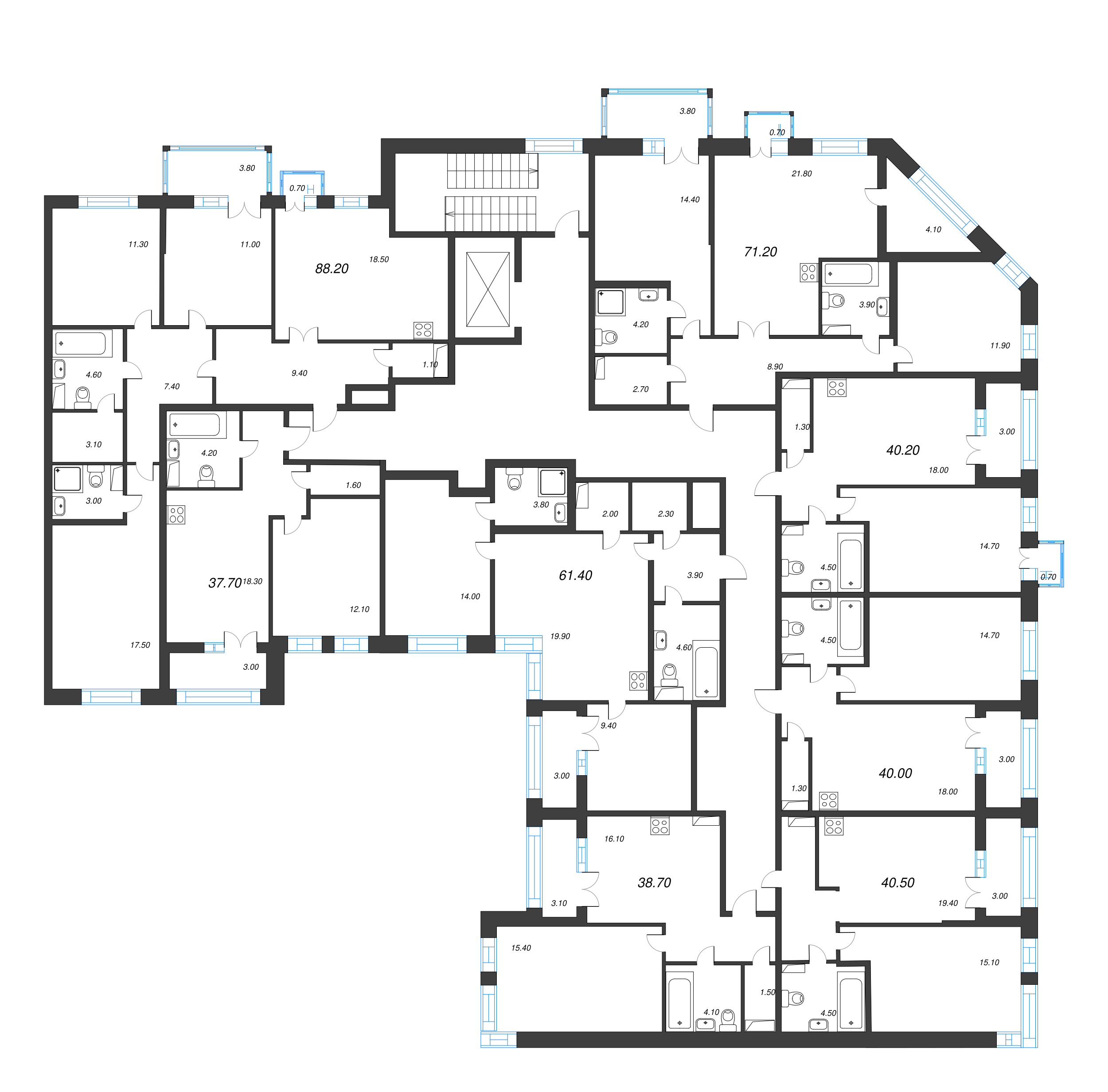 2-комнатная квартира, 61.4 м² - планировка этажа