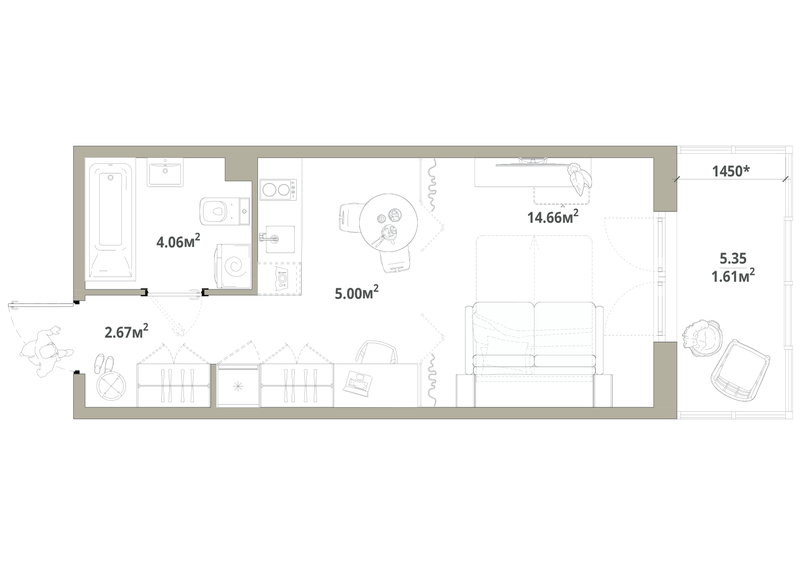 Квартира-студия, 28 м² в ЖК "Тишин" - планировка, фото №1
