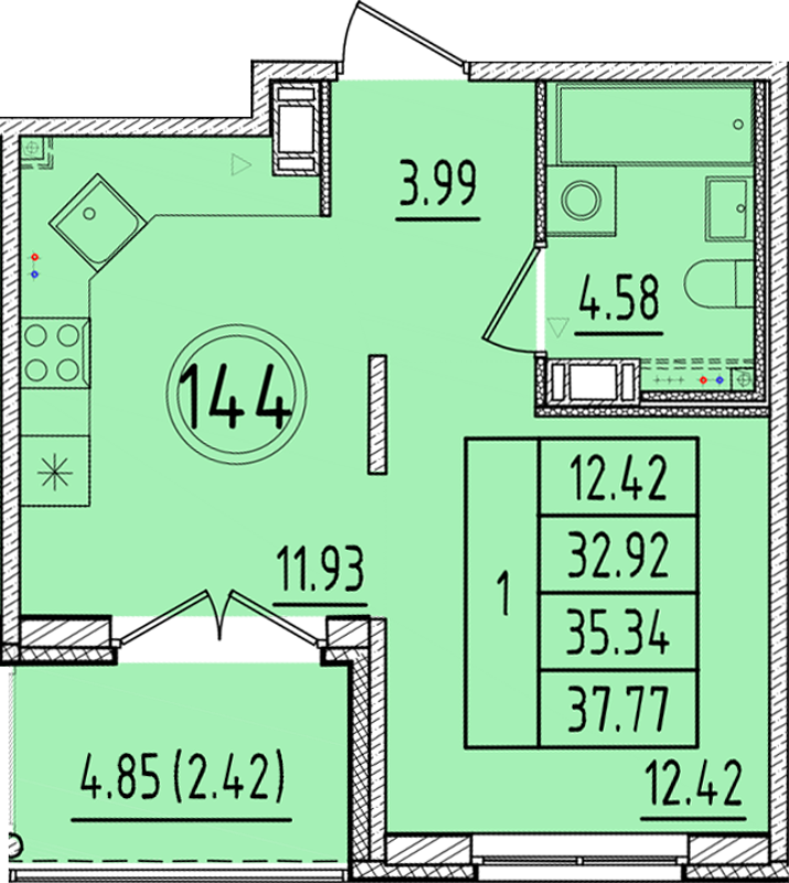 1-комнатная квартира, 32.92 м² - планировка, фото №1