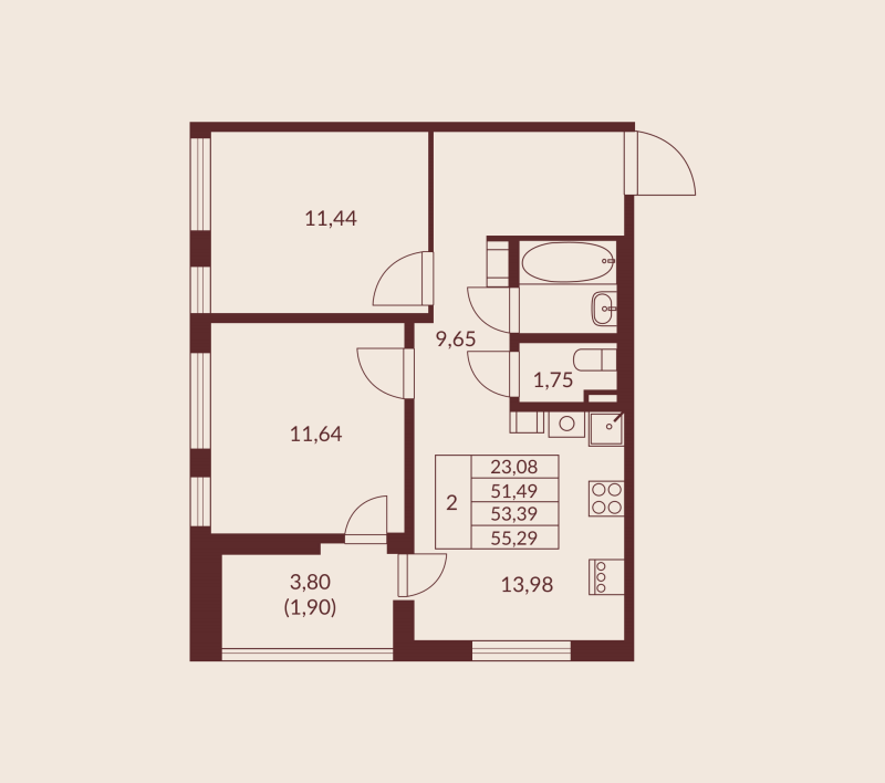 2-комнатная квартира, 53.39 м² в ЖК "Амурино" - планировка, фото №1