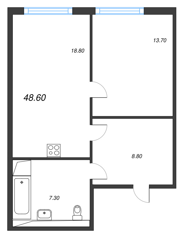2-комнатная (Евро) квартира, 48.6 м² в ЖК "Руднева 15" - планировка, фото №1