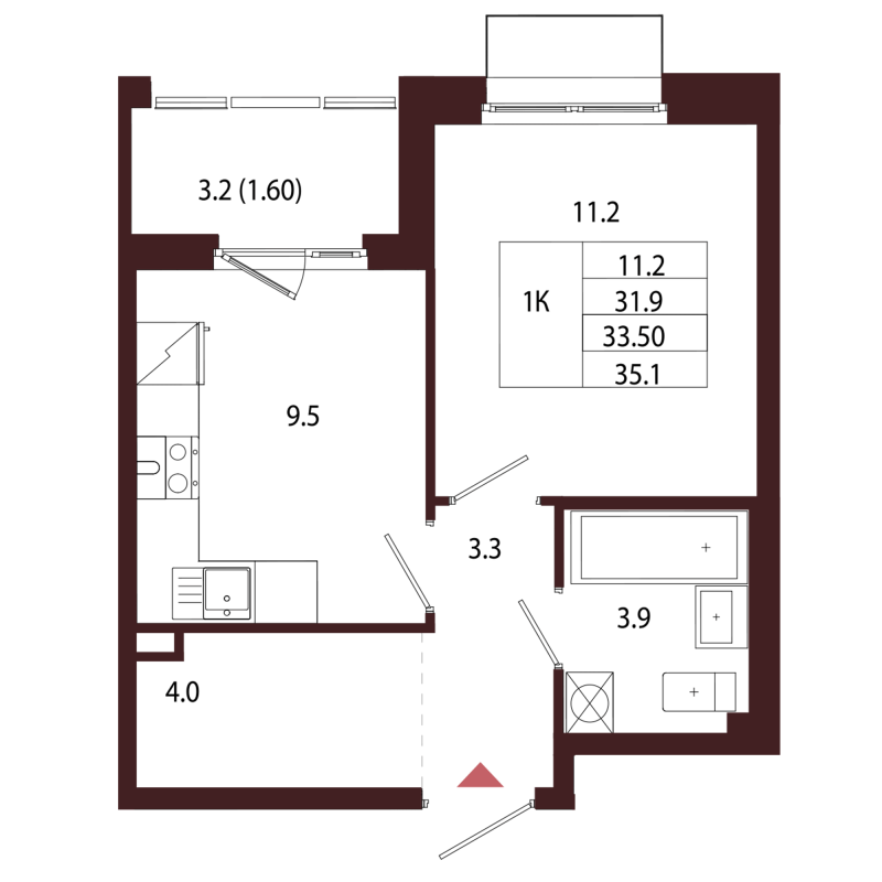 1-комнатная квартира, 33.5 м² в ЖК "Лисино" - планировка, фото №1