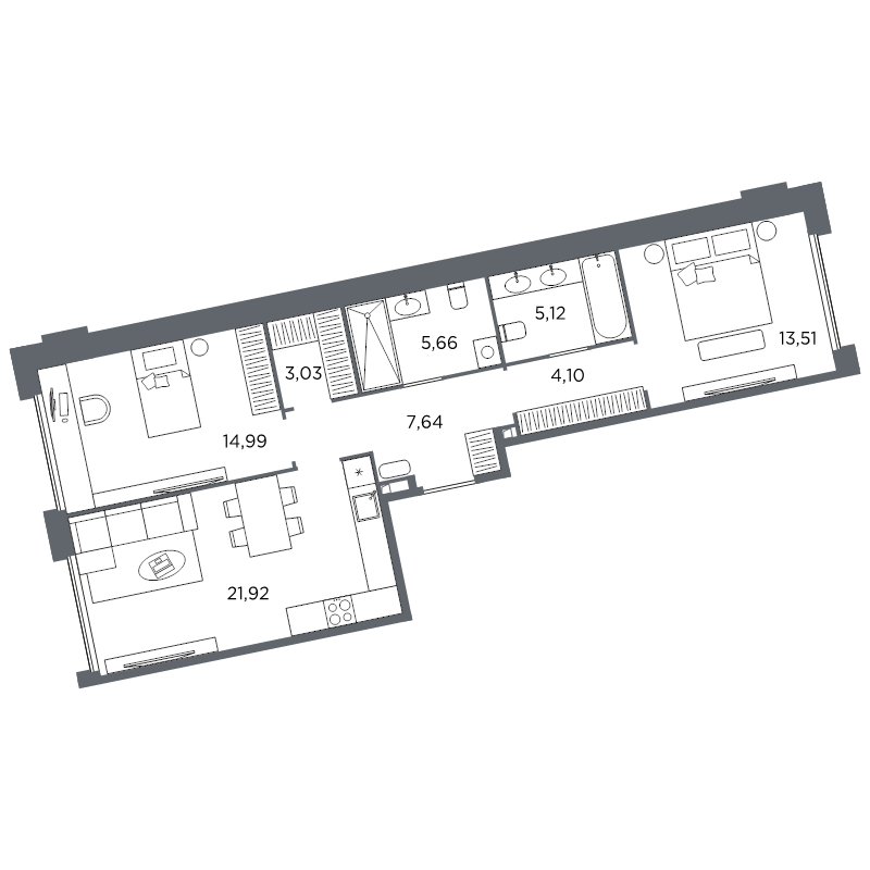 3-комнатная (Евро) квартира, 75.97 м² в ЖК "Акватория" - планировка, фото №1