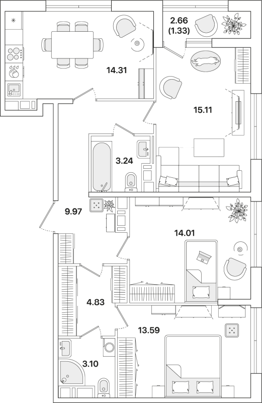 3-комнатная квартира, 79.49 м² - планировка, фото №1