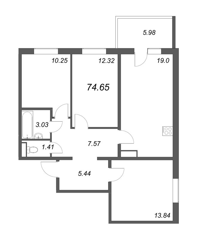 4-комнатная (Евро) квартира, 72.86 м² в ЖК "Юттери" - планировка, фото №1