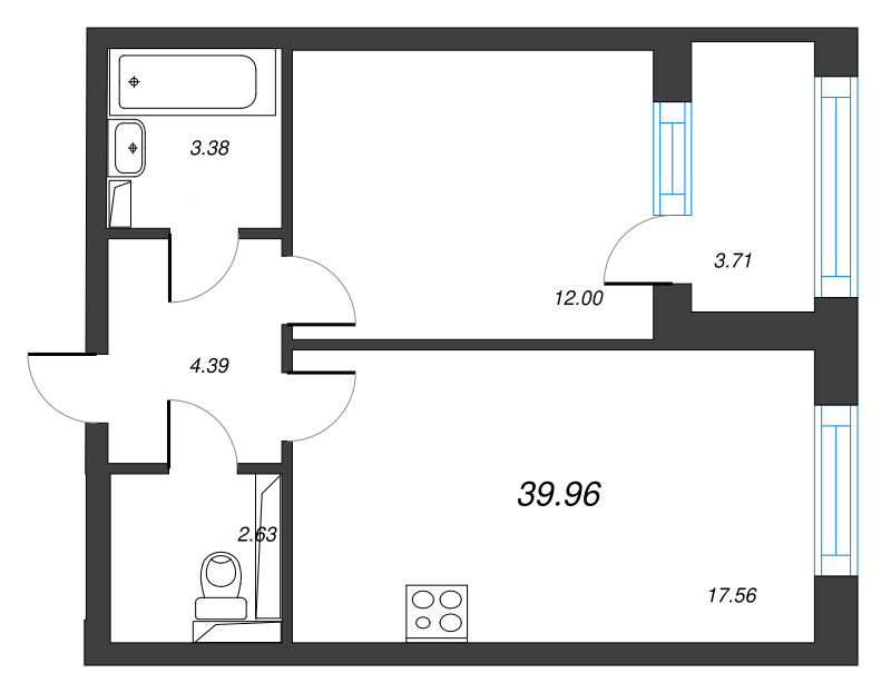 2-комнатная (Евро) квартира, 41.82 м² в ЖК "Кронфорт. Центральный" - планировка, фото №1