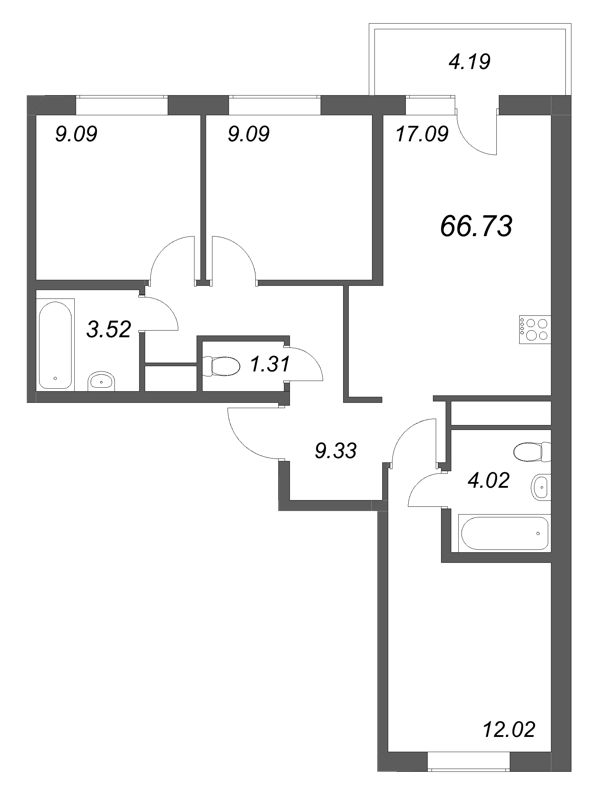 4-комнатная (Евро) квартира, 66.73 м² в ЖК "Аэросити Лайф" - планировка, фото №1