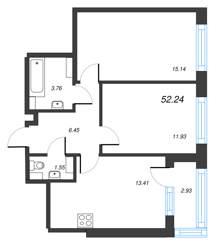 2-комнатная квартира, 52.24 м² в ЖК "Б15" - планировка, фото №1