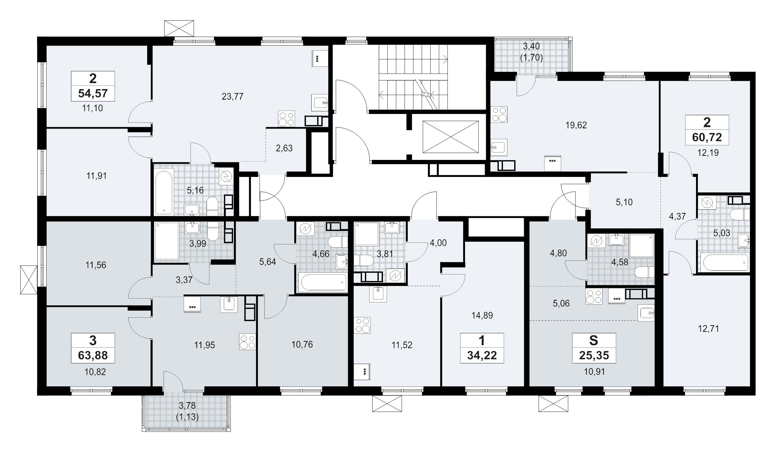 3-комнатная квартира, 63.88 м² - планировка этажа
