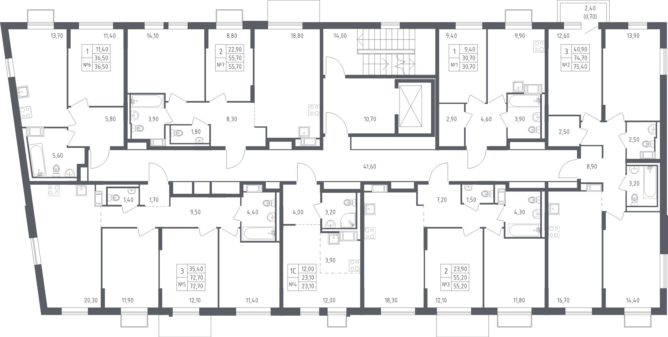 4-комнатная (Евро) квартира, 75.4 м² в ЖК "Курортный Квартал" - планировка этажа