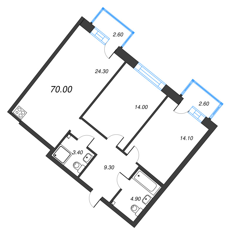 3-комнатная (Евро) квартира, 70 м² в ЖК "Цвет Зеленогорска" - планировка, фото №1