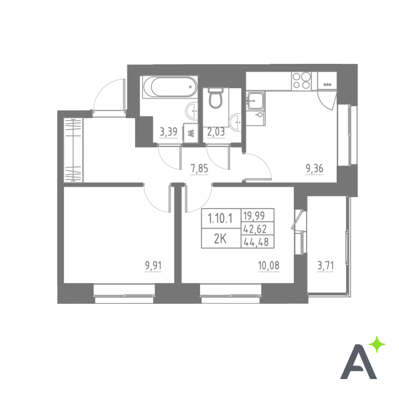 2-комнатная квартира, 44.48 м² в ЖК "Аквилон Solar" - планировка, фото №1