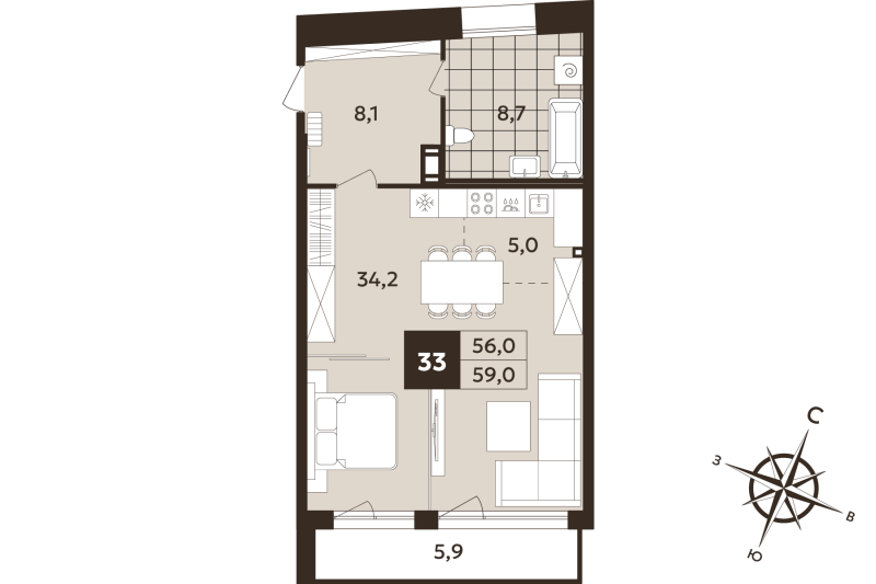 Квартира-студия, 56 м² в ЖК "Дом на Бронницкой" - планировка, фото №1