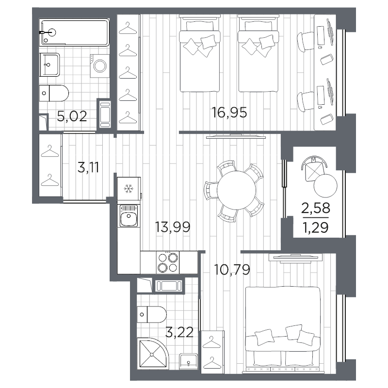 2-комнатная квартира, 54.37 м² в ЖК "Оптимист" - планировка, фото №1