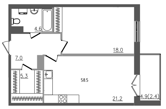 2-комнатная (Евро) квартира, 58.5 м² - планировка, фото №1