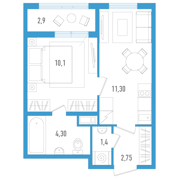 1-комнатная квартира, 31.3 м² - планировка, фото №1