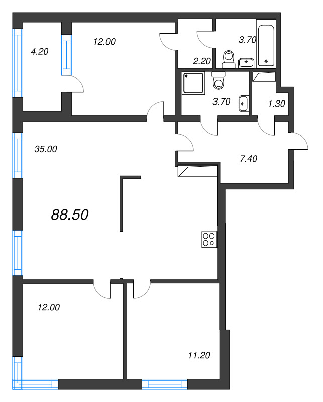 4-комнатная (Евро) квартира, 88.5 м² в ЖК "Струны" - планировка, фото №1