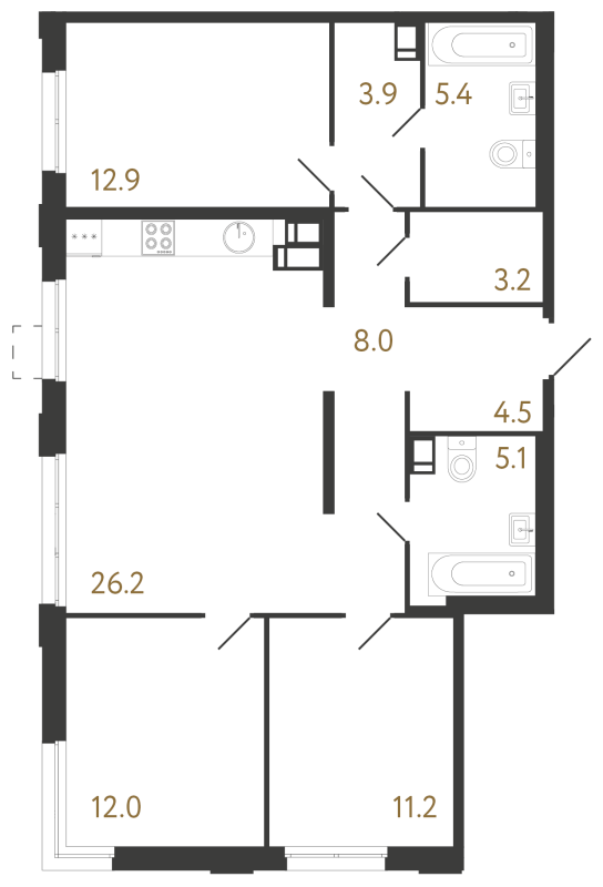4-комнатная (Евро) квартира, 92.4 м² в ЖК "Струны" - планировка, фото №1