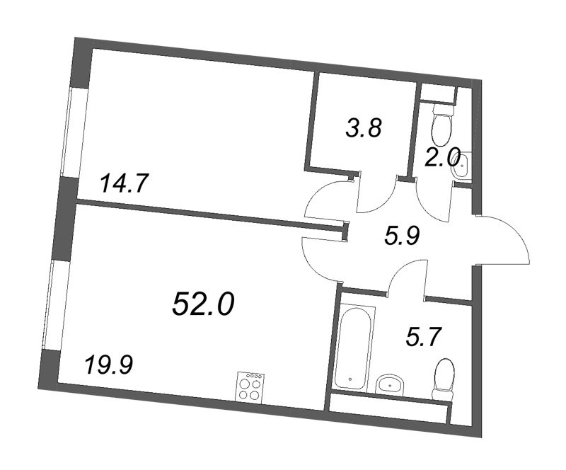 2-комнатная (Евро) квартира, 52.2 м² в ЖК "Визионер" - планировка, фото №1