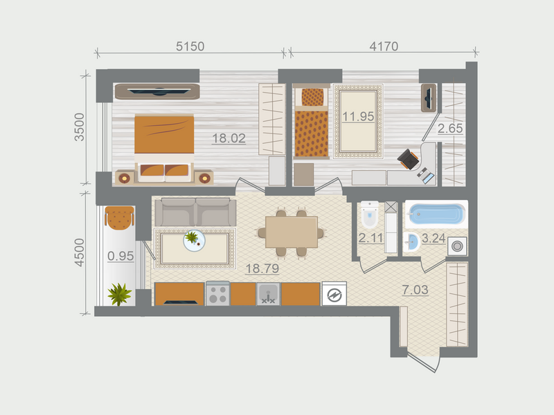 2-комнатная квартира, 64.74 м² в ЖК "Эко Квартал Гармония" - планировка, фото №1