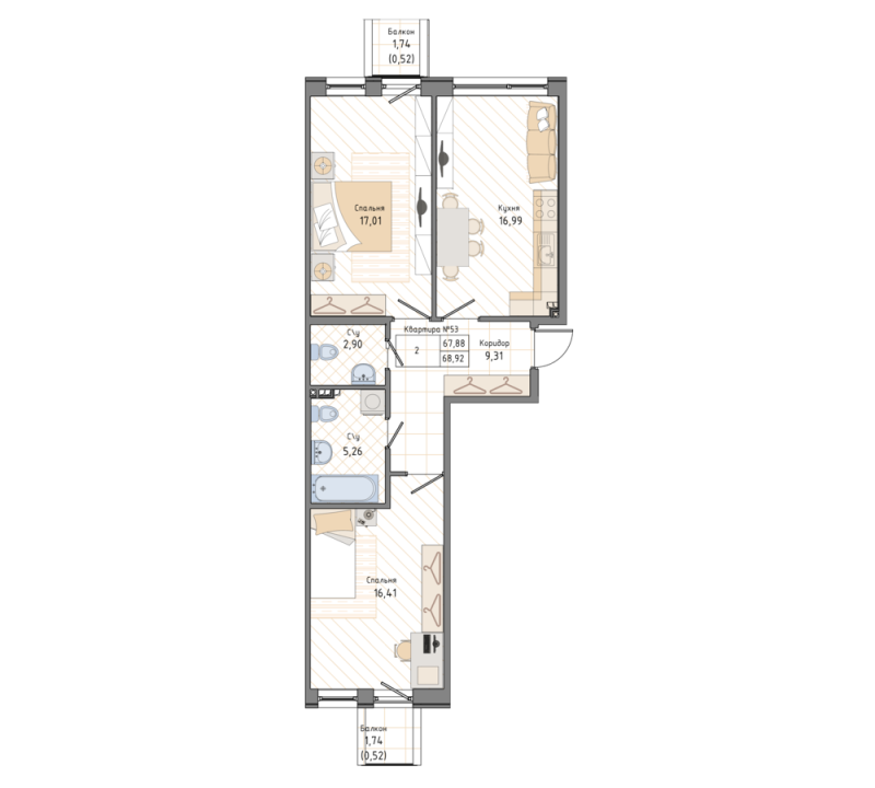 2-комнатная квартира, 68.92 м² в ЖК "Мануфактура James Beck" - планировка, фото №1