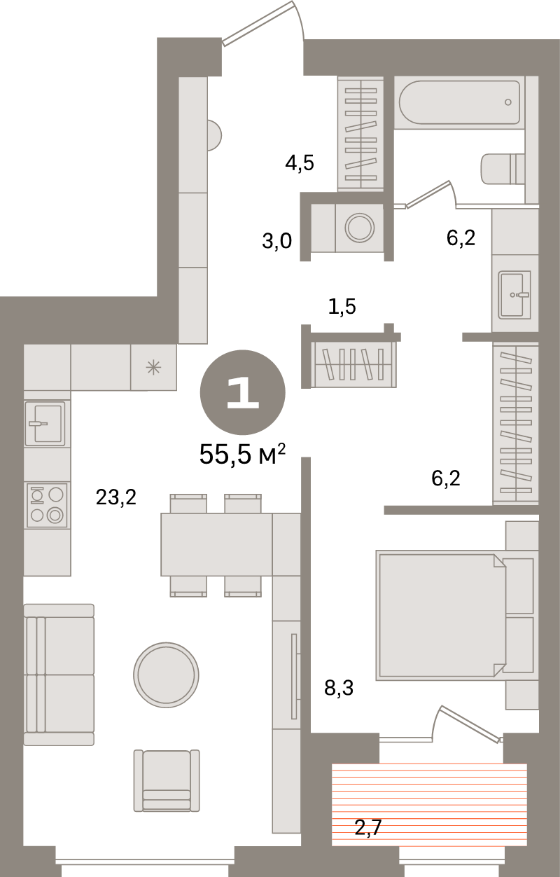 2-комнатная (Евро) квартира, 55.5 м² в ЖК "Северный ветер" - планировка, фото №1