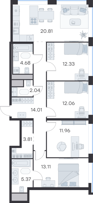 5-комнатная (Евро) квартира, 100.1 м² в ЖК "GloraX Premium Василеостровский" - планировка, фото №1