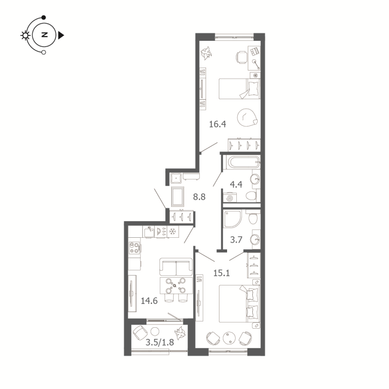 2-комнатная квартира, 64.7 м² в ЖК "Пулковский дом" - планировка, фото №1