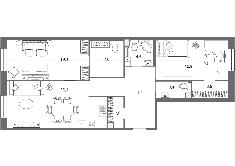 3-комнатная (Евро) квартира, 97.6 м² в ЖК "Северная корона" - планировка, фото №1