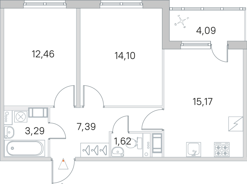 3-комнатная (Евро) квартира, 54.03 м² в ЖК "ЮгТаун" - планировка, фото №1