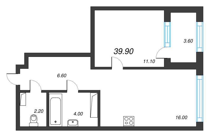 2-комнатная (Евро) квартира, 39.9 м² - планировка, фото №1