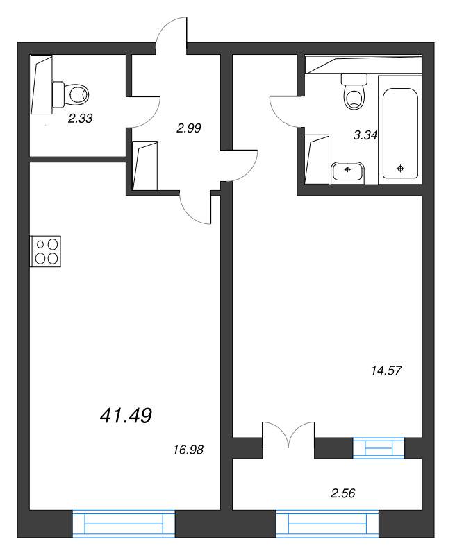 2-комнатная (Евро) квартира, 41.49 м² в ЖК "Цивилизация на неве" - планировка, фото №1