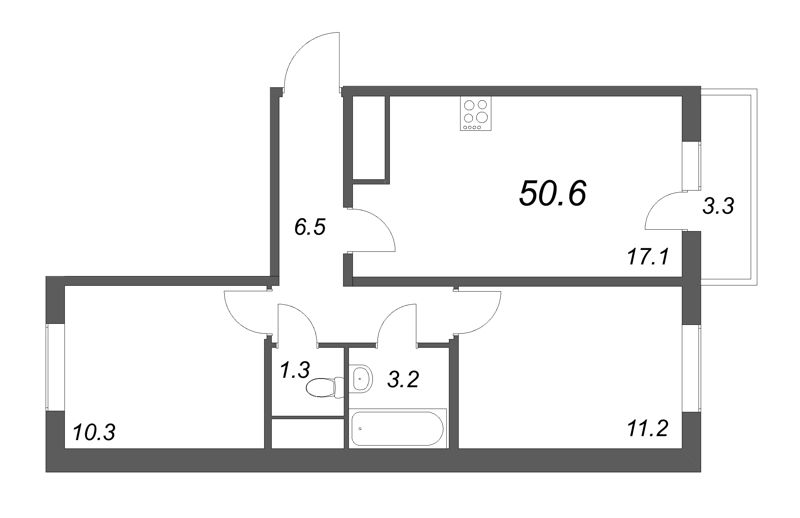 3-комнатная (Евро) квартира, 50.6 м² в ЖК "ЛСР. Ржевский парк" - планировка, фото №1