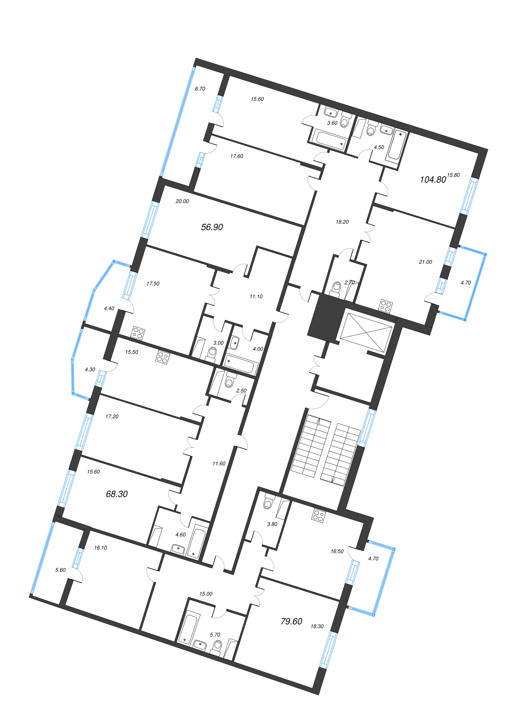 1-комнатная квартира, 56.9 м² - планировка этажа