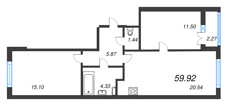 3-комнатная (Евро) квартира, 59.92 м² в ЖК "AEROCITY" - планировка, фото №1