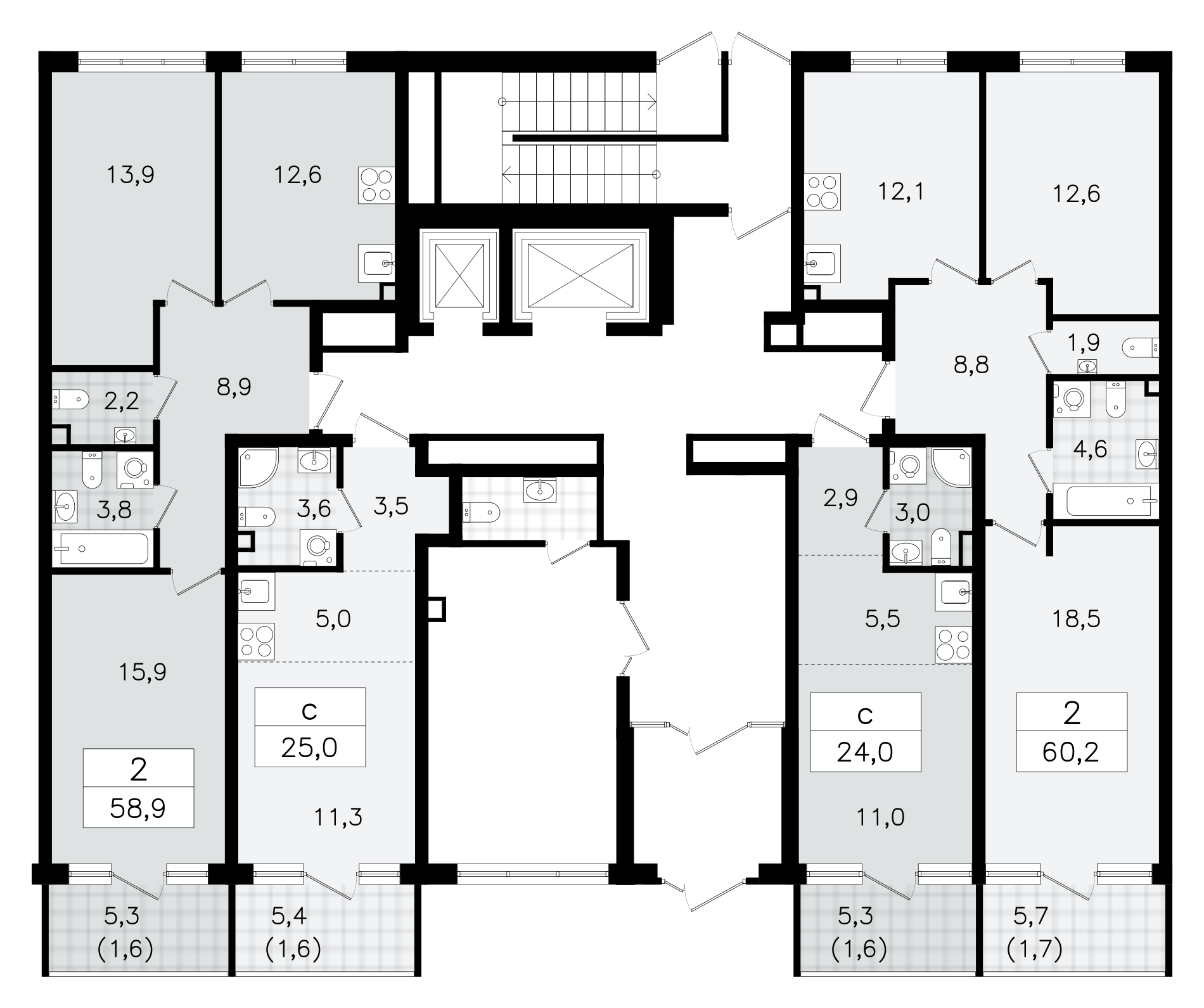 2-комнатная квартира, 58.9 м² - планировка этажа