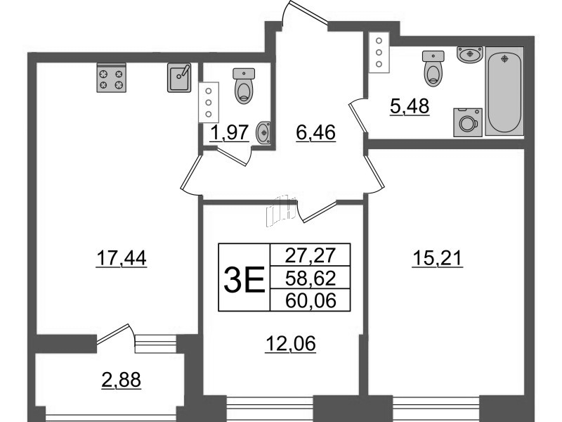 3-комнатная (Евро) квартира, 60.06 м² - планировка, фото №1