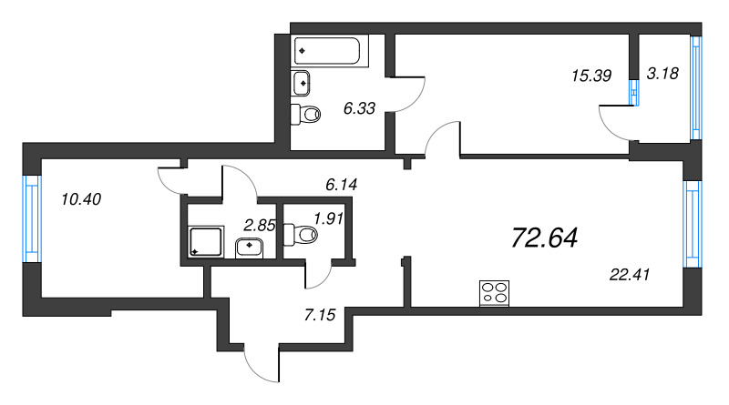 3-комнатная (Евро) квартира, 72.64 м² в ЖК "Чёрная речка от Ильича" - планировка, фото №1