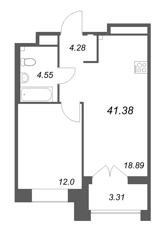 2-комнатная (Евро) квартира, 41.38 м² в ЖК "Ranta Residence" - планировка, фото №1