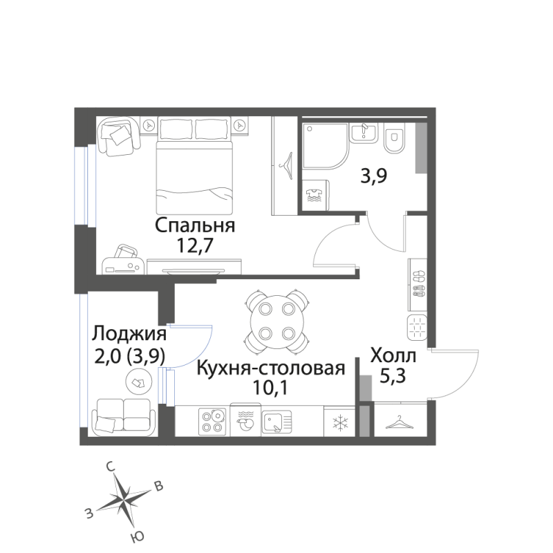 1-комнатная квартира, 34 м² в ЖК "Экография" - планировка, фото №1